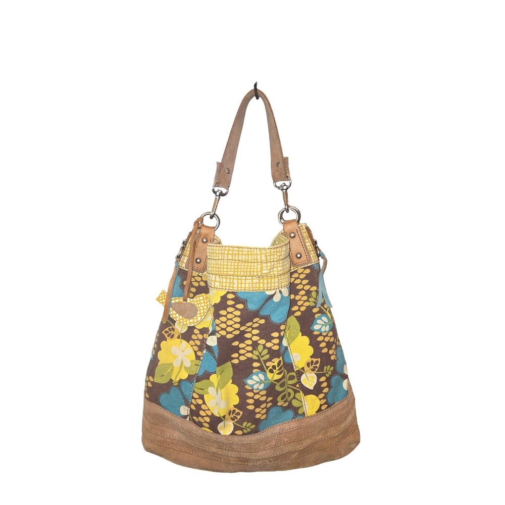Fossil Key-Per Hobo‎ Bag Womens XL Yellow Brown Floral Canvas Suede Leather Trim